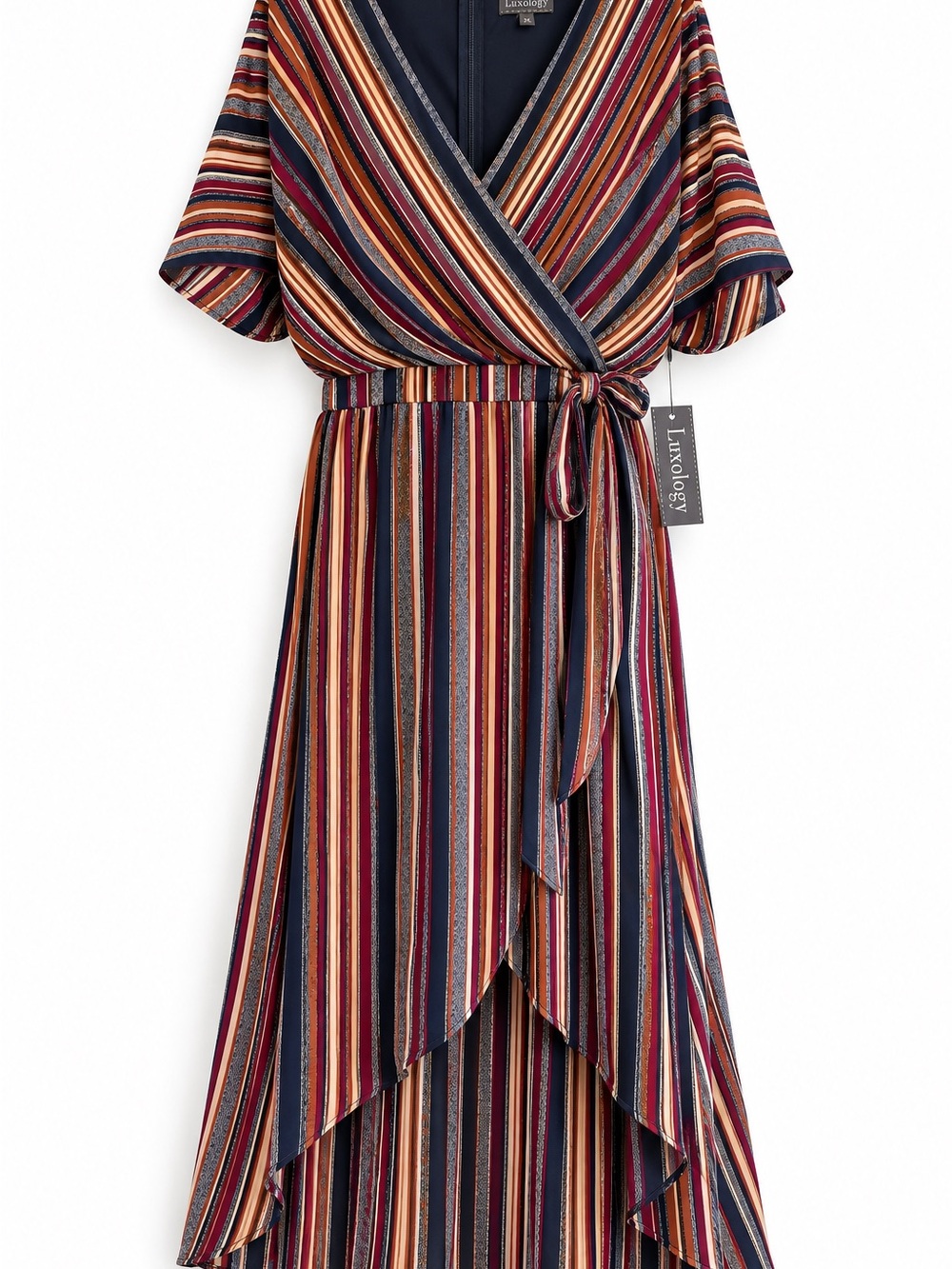 Luxology Womens 2X Striped Wrap Maxi Dress Fall Boho Belted High Low NWT